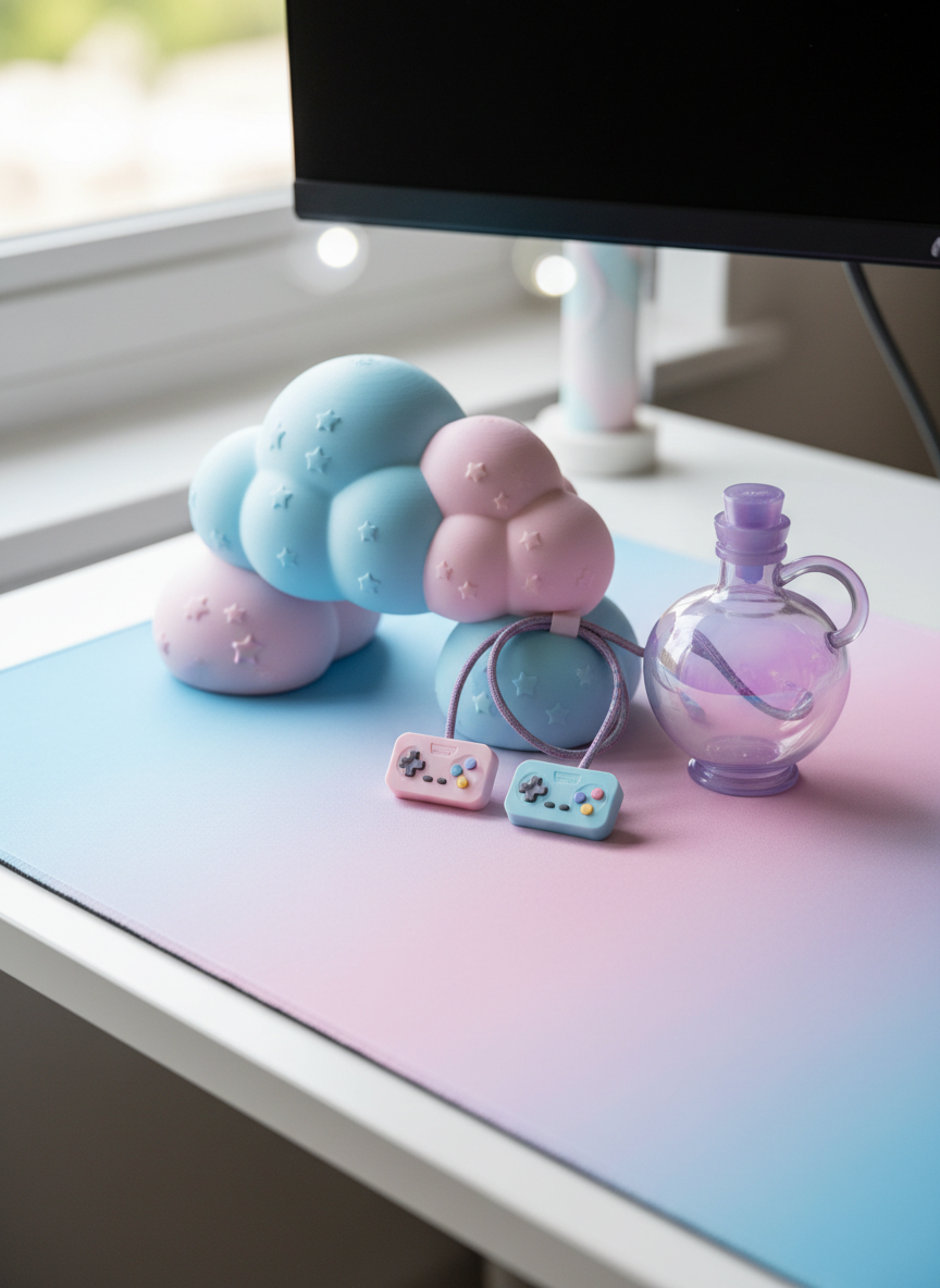 A kawaii workspace desktop featuring a 3D‑printed monitor stand resembling a chubby pastel cloud with tiny embossed stars, matching keyboard cable organizers shaped like mini retro game controllers, and a pen cup styled as a 90s magical girl potion bottle in iridescent lavender plastic. Everything rests on a smooth white desk surface with a gradient pink‑to‑blue desk mat. Soft daylight from the left washes across the scene, creating shiny highlights on the plastic curves and a few playful reflections on the desk. The computer monitor edge is visible but out of focus, emphasizing the décor. Photographic realism with a clean, modern yet nostalgic mood. Shot from a slightly elevated three‑quarter angle, with shallow depth of field and subtle pastel bokeh in the background.