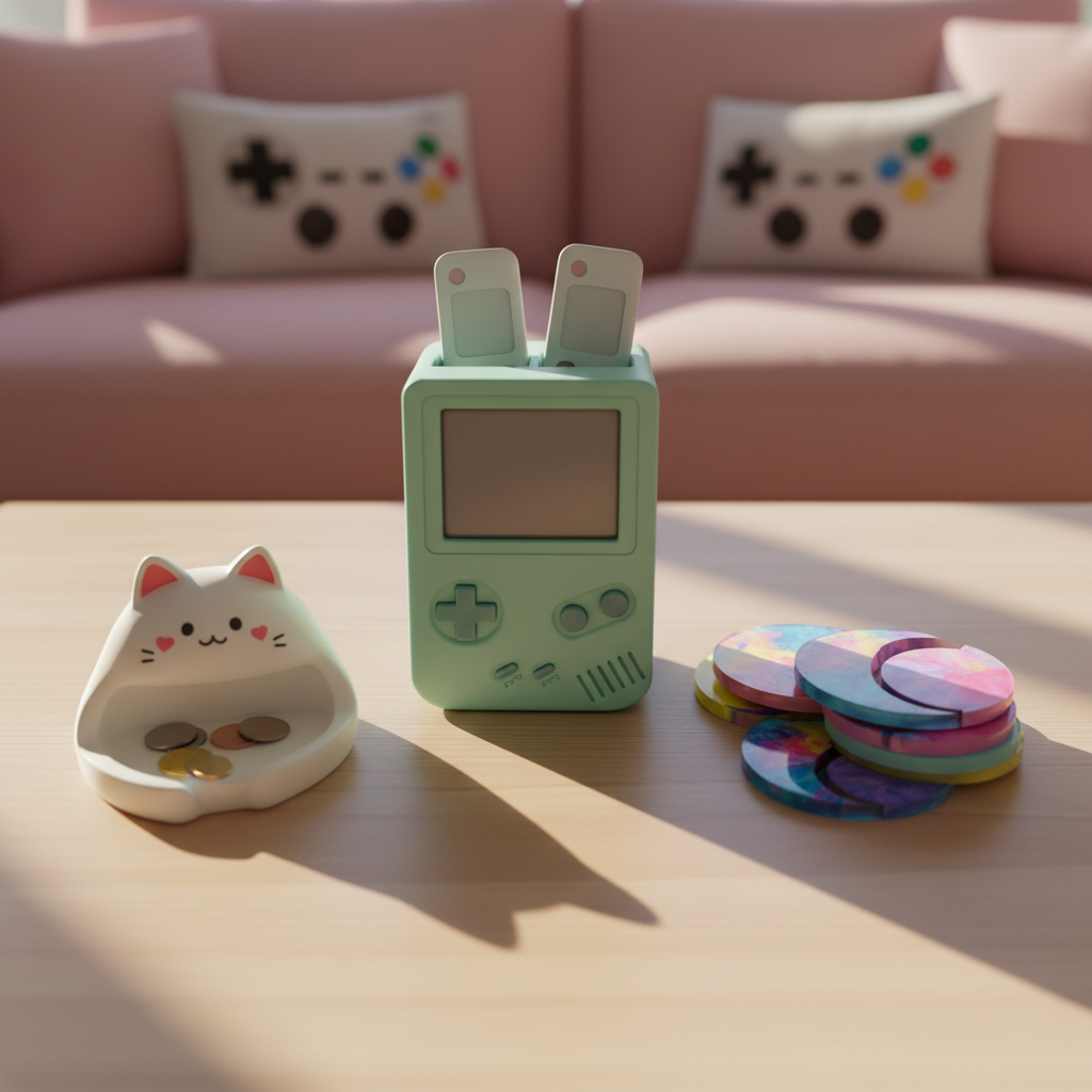 A cozy living room coffee table styled with kawaii 3D‑printed décor: a pastel mint organizer shaped like an old‑school handheld console holding remote controls, a tiny stack of 90s anime‑inspired star and moon coasters in glossy candy colors, and a chubby cat‑shaped trinket bowl with pixel heart cheeks. The items rest on a pale wood table in front of a soft pink sofa blurred in the background, dotted with retro game controller pillows. Golden hour sunlight streams through an unseen window, creating warm, elongated shadows and glints of light along the smooth printed surfaces. Photographic realism with an inviting, nostalgic atmosphere. Shot at coffee table height, straight on, with the décor framed in the center and the background softly out of focus for depth.