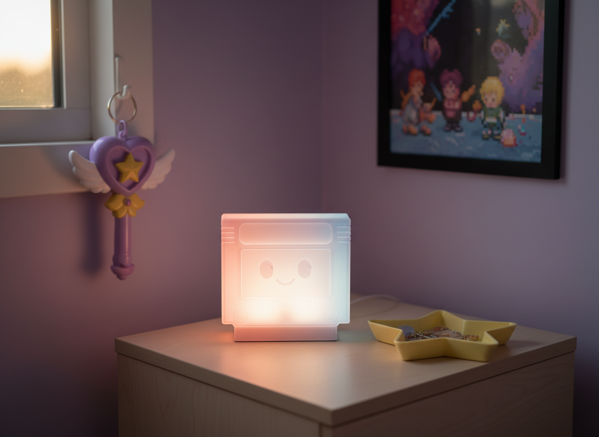 A small, kawaii 3D‑printed table lamp shaped like a smiling retro game cartridge, its translucent pastel shell softly glowing on a pale birch nightstand. Next to it sit a star‑shaped catchall tray and a chunky 90s anime‑inspired heart wand key holder, all in glossy 3D‑printed plastic with subtle layer lines visible. The scene is set in a cozy bedroom corner with a lilac wall and a framed pixel art poster blurred in the background. Warm, diffused evening light mixes with the lamp’s gentle glow, casting rounded, comforting shadows. Photographic realism, captured from a slightly elevated angle, with the lamp centered and surrounding objects arranged using the rule of thirds for a charming, inviting atmosphere.