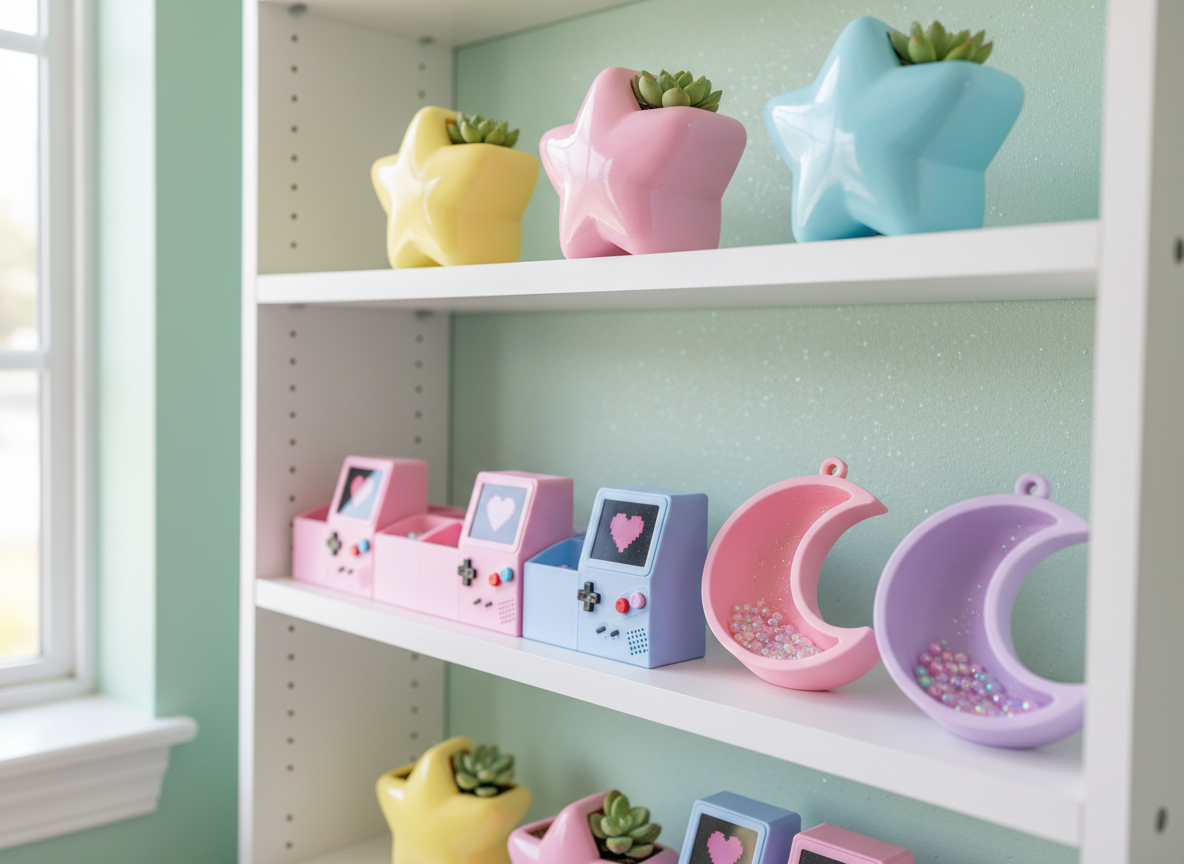 A curated arrangement of kawaii 3D‑printed home décor on a clean white shelving unit, featuring glossy pastel planters shaped like chubby stars, tiny retro game console organizers with heart buttons, and 90s anime‑inspired crescent moon trinket dishes in bubblegum pink and lavender. The shelf stands against a soft mint wall with subtle sparkly wallpaper texture. Natural daylight from an unseen window creates gentle highlights and soft, barely there shadows, giving everything a luminous, candy‑like sheen. Photographic realism with a vibrant, playful mood. Shot at eye level with a slight angle for depth, using shallow depth of field so the front objects are crisp and the back shelves melt into a creamy bokeh of pastel colors.